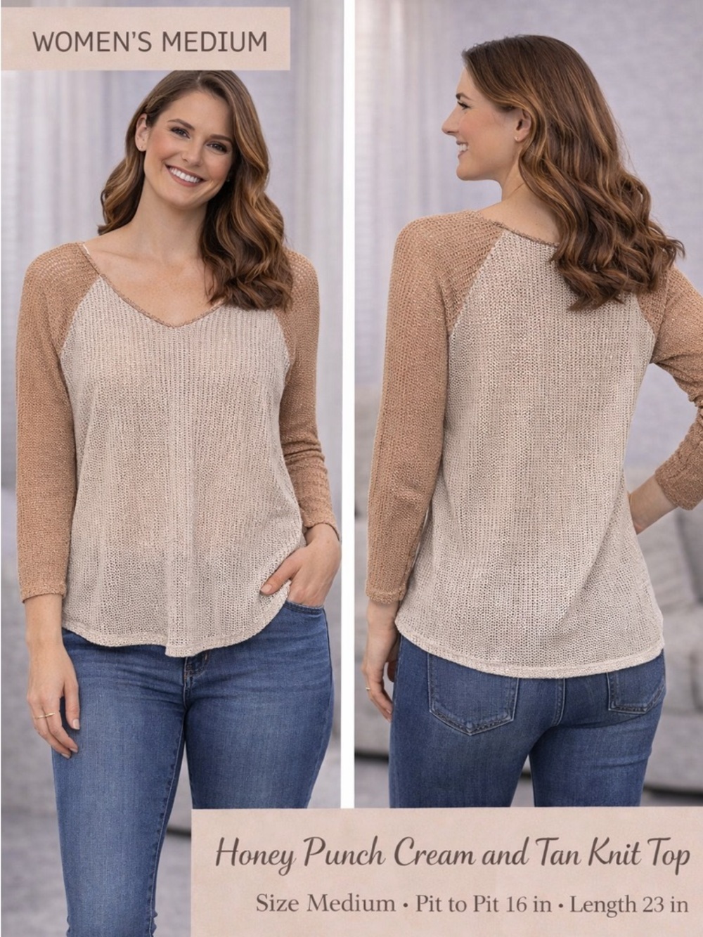 Honey Punch Cream and Tan Knit Top MEDIUM pit to pit 16in length 23in